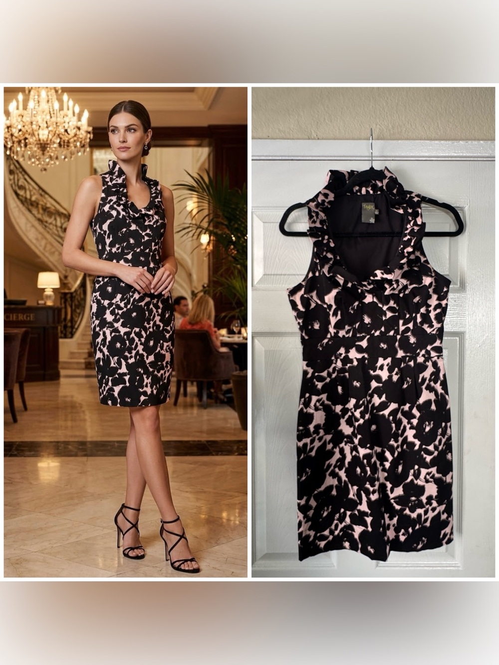 Taylor Black and Light Pink Floral Ruffle Sheath Dress, Size 4